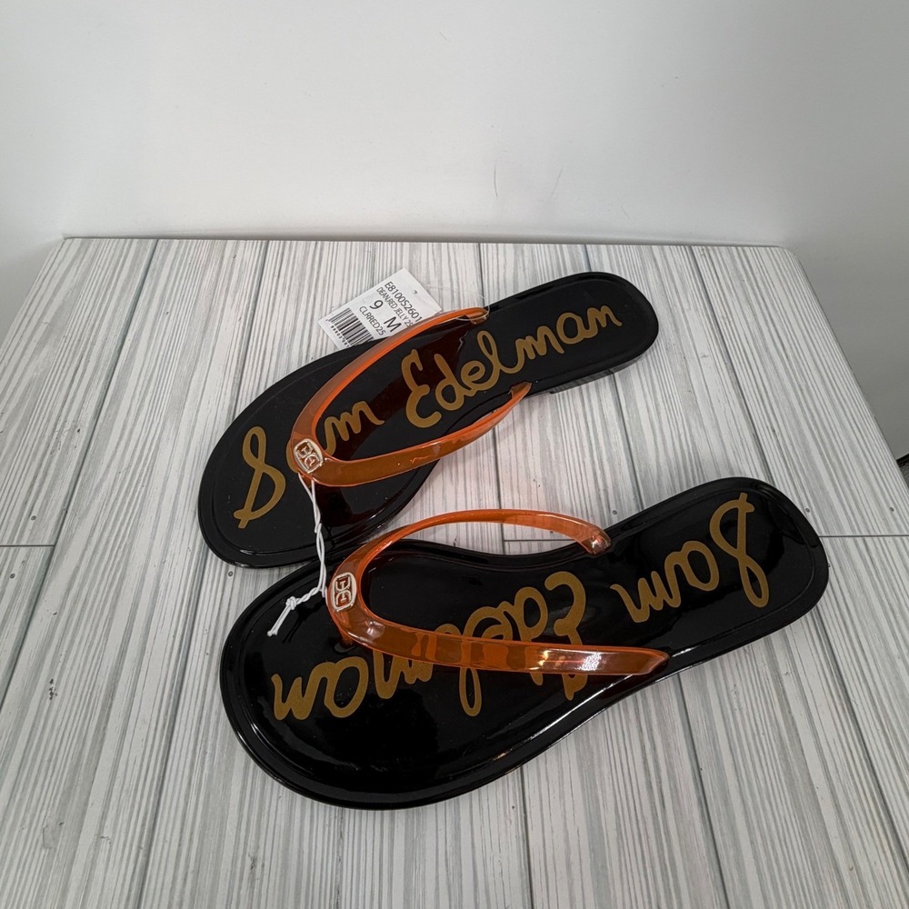 Sam Edelman Dean Jelly Sandals Black Orange Logo Thong Flat Women's Size 9 NEW